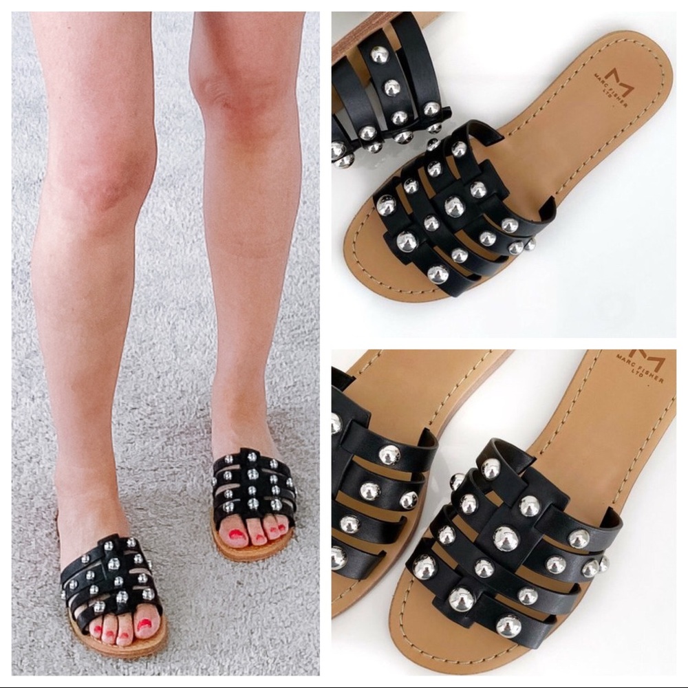 BLACK LEATHER SANDALS SLIDES MARC FISHER SLIP ONS STUDD CAGED FLATS A2C - Picture 9 of 16